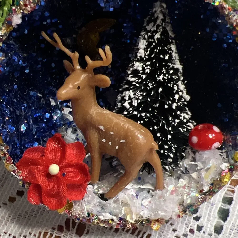 Vintage Round Tart Tin Deer Tree Mushroom Diorama Mid Century Reindeer Ornament